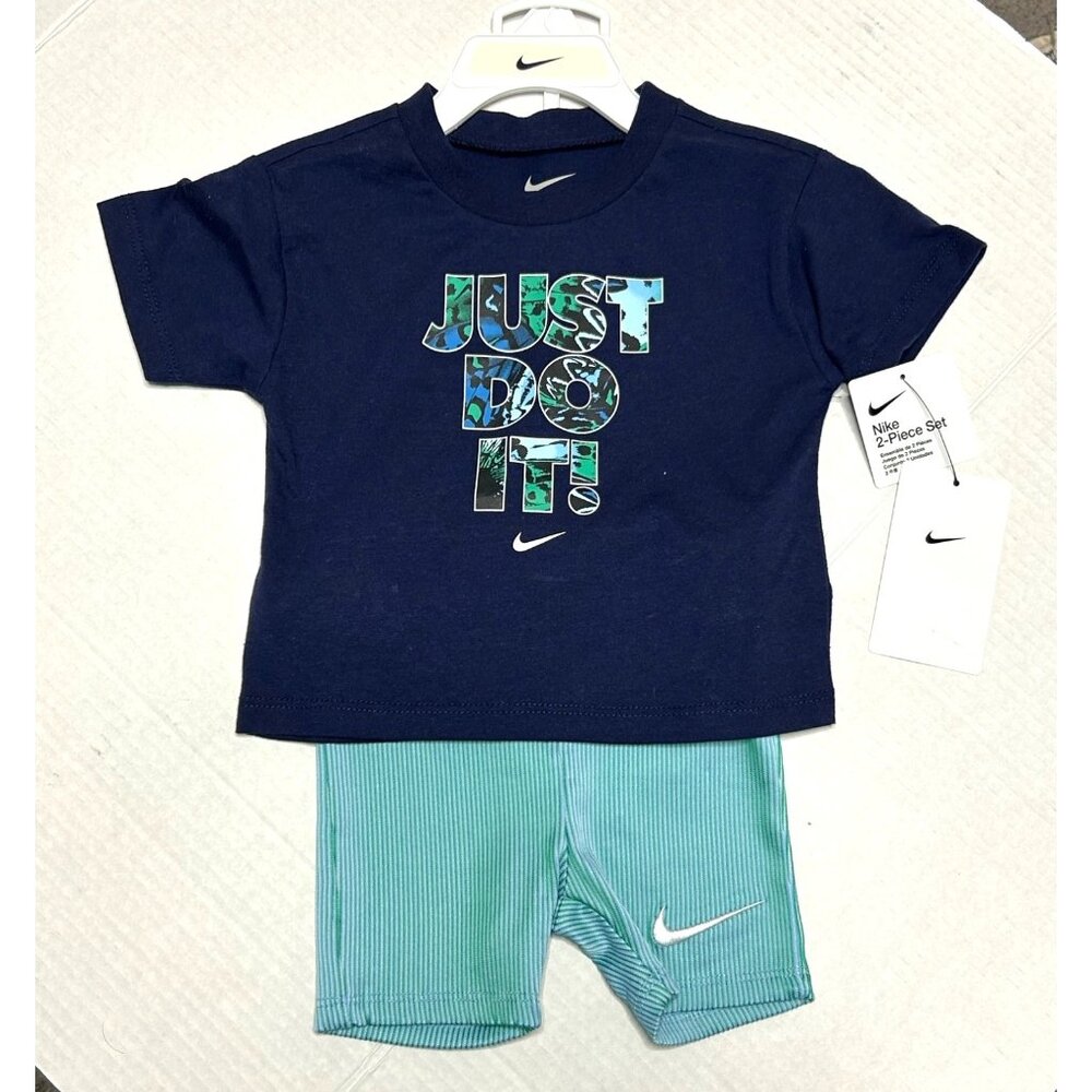 Nike Baby 2 Piece Set Just Do It T Shirt Striped Shorts 12M Blue Green Boys New